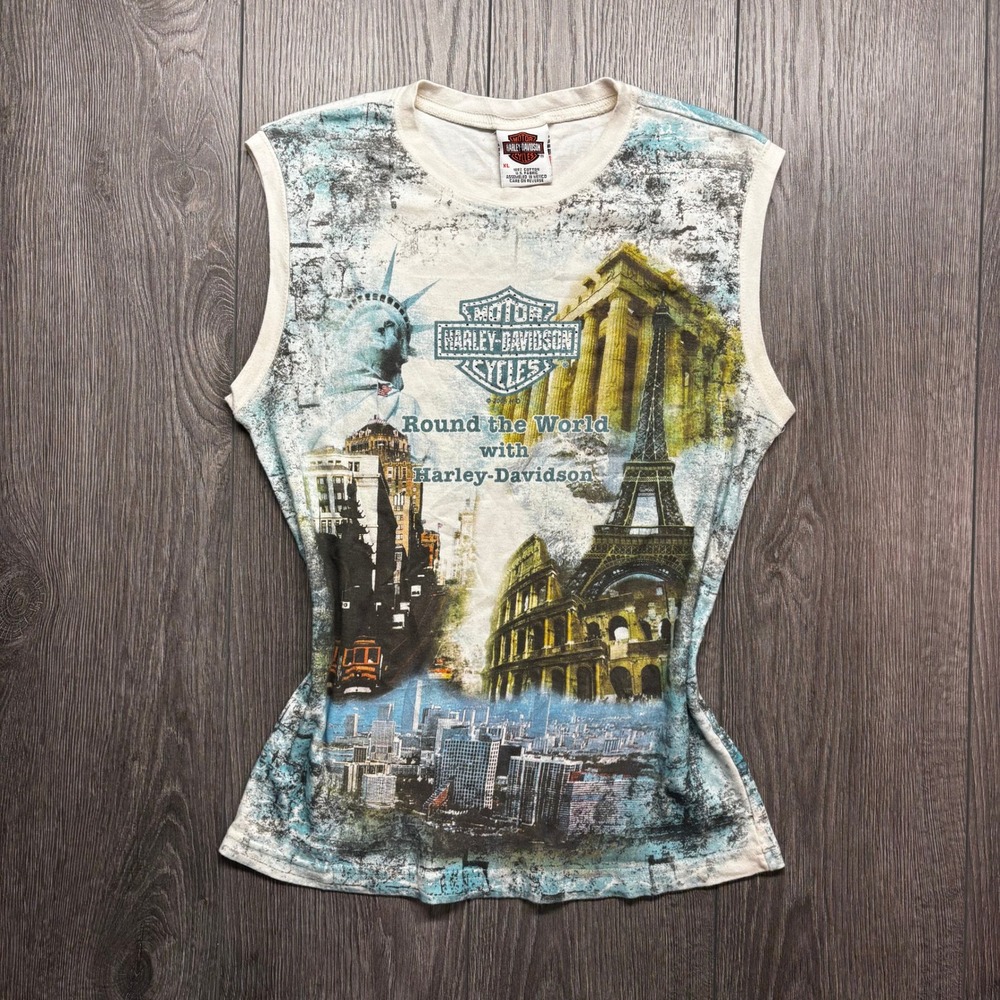 Harley-Davidson Round the World XL Travel Muscle Tee Y2K Graphic Tank Vintage